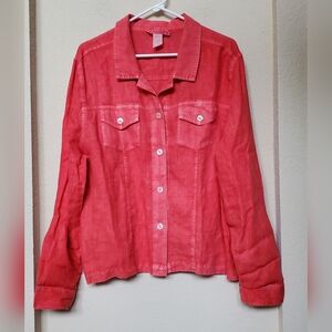 Fresh Produce Vibrant Red 100% Linen Button-Down Shirt.  Size XL